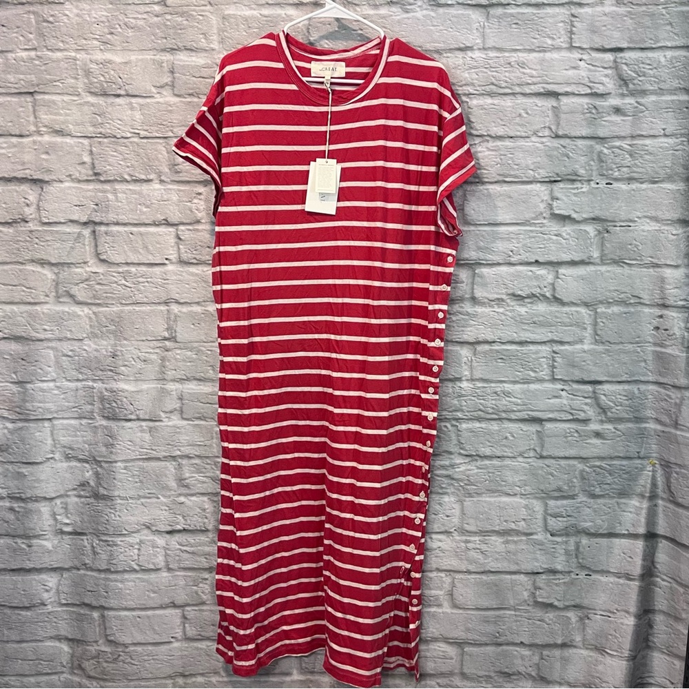 NWT The GREAT. Size 1/S Button Side Dress Cardinal Stripe oversized t-shirt midi - Picture 4 of 14